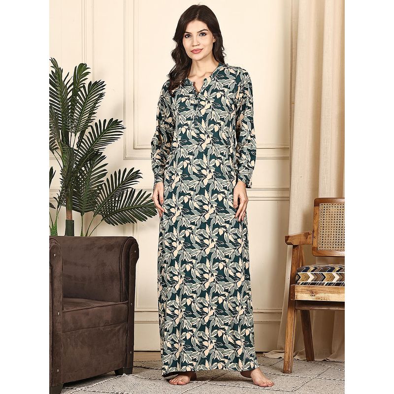 Kanvin Women Green Floral Printed Full Sleeves Long Nighty (M)