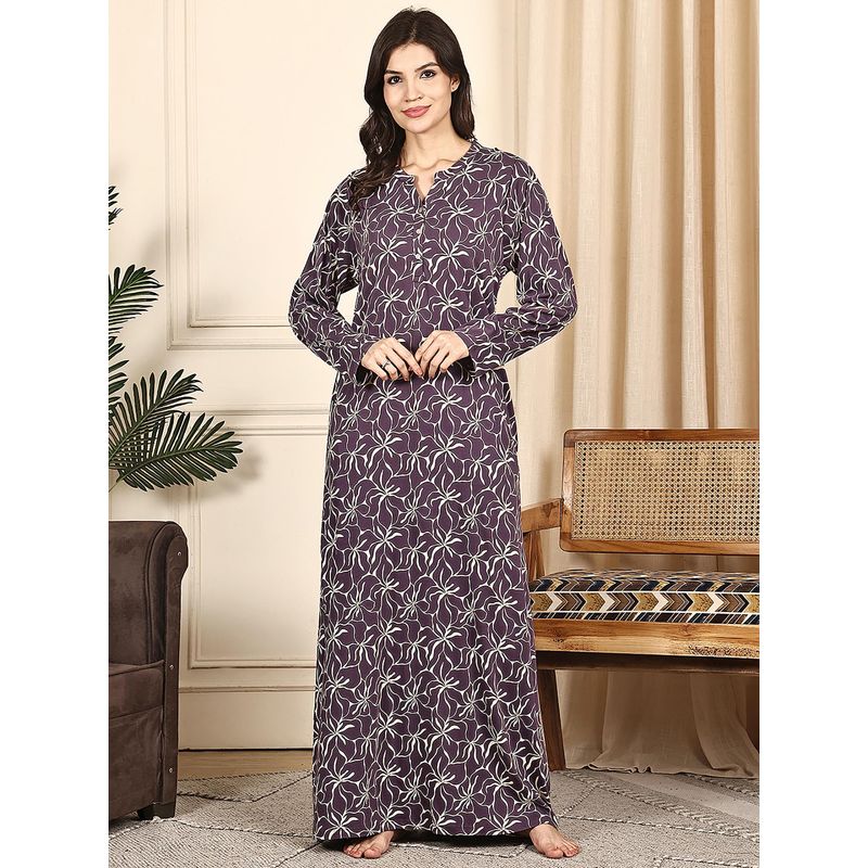 Kanvin Women Purple Floral Printed Full Sleeves Long Nighty (L)