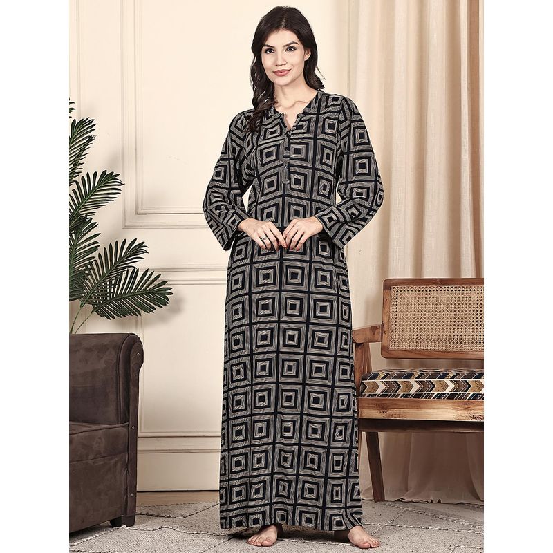 Kanvin Women Black Geometric Full Sleeves Long Nighty (M)