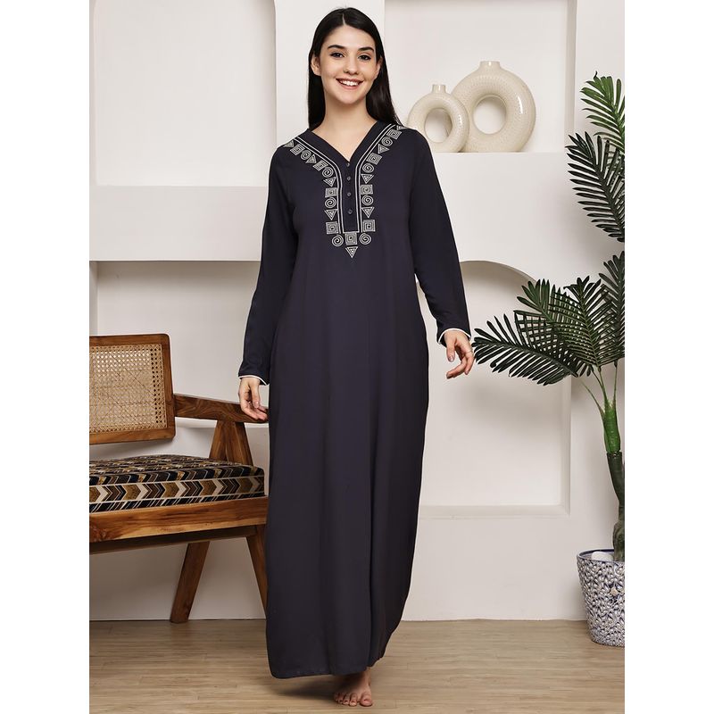 Kanvin Women Navy Blue Printed Full Sleeves Long Nighty (L)