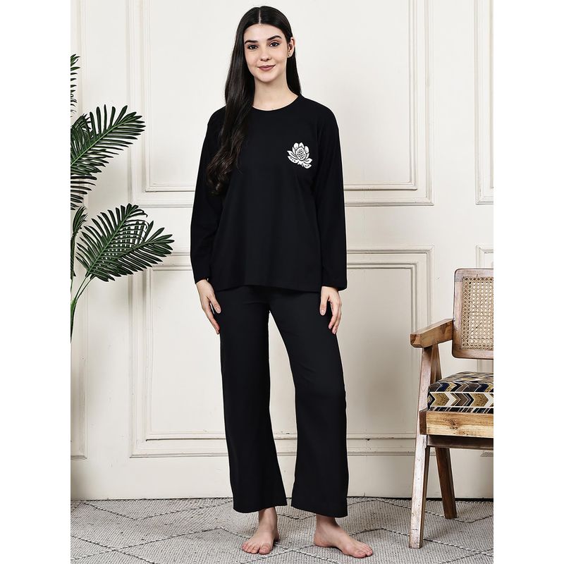 Kanvin Women Black Printed Full Sleeves Night Suit (M)