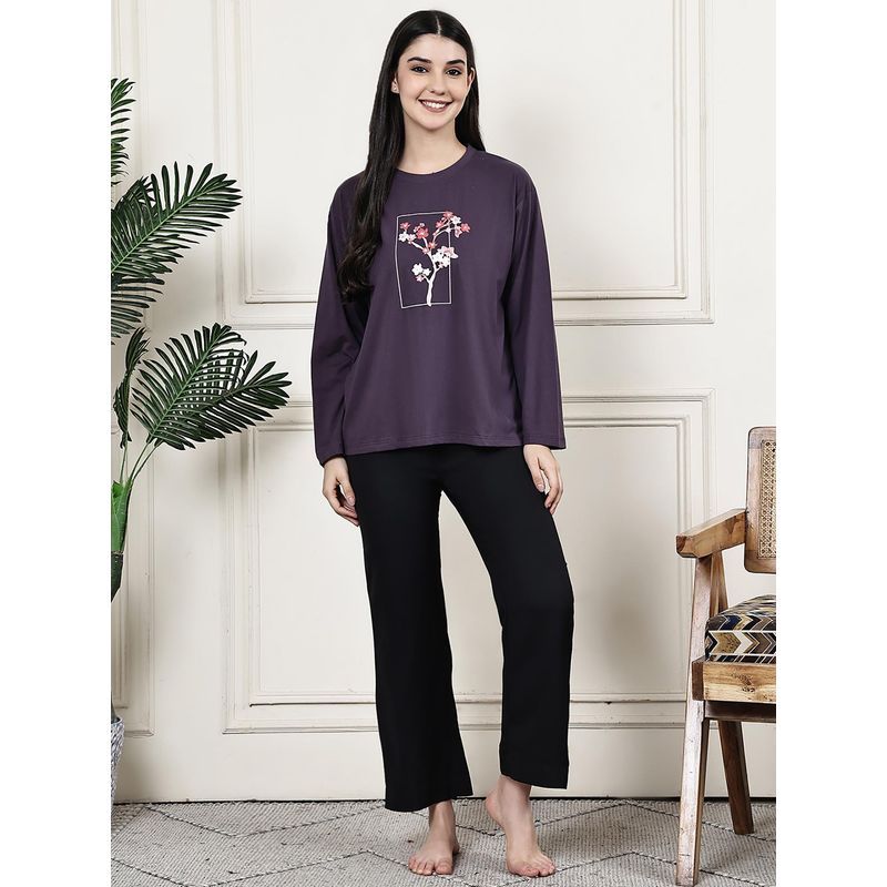 Kanvin Women Purple Floral Printed Full Sleeves Night Suit (S)