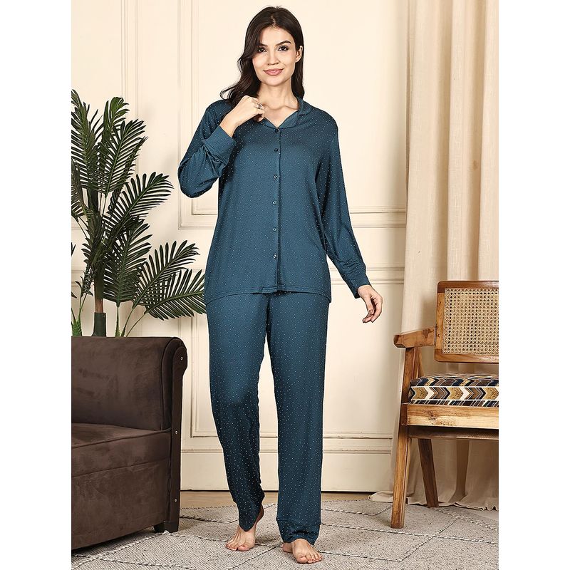 Kanvin Women Teal Polka Dots Full Sleeves Night Suit (3XL)