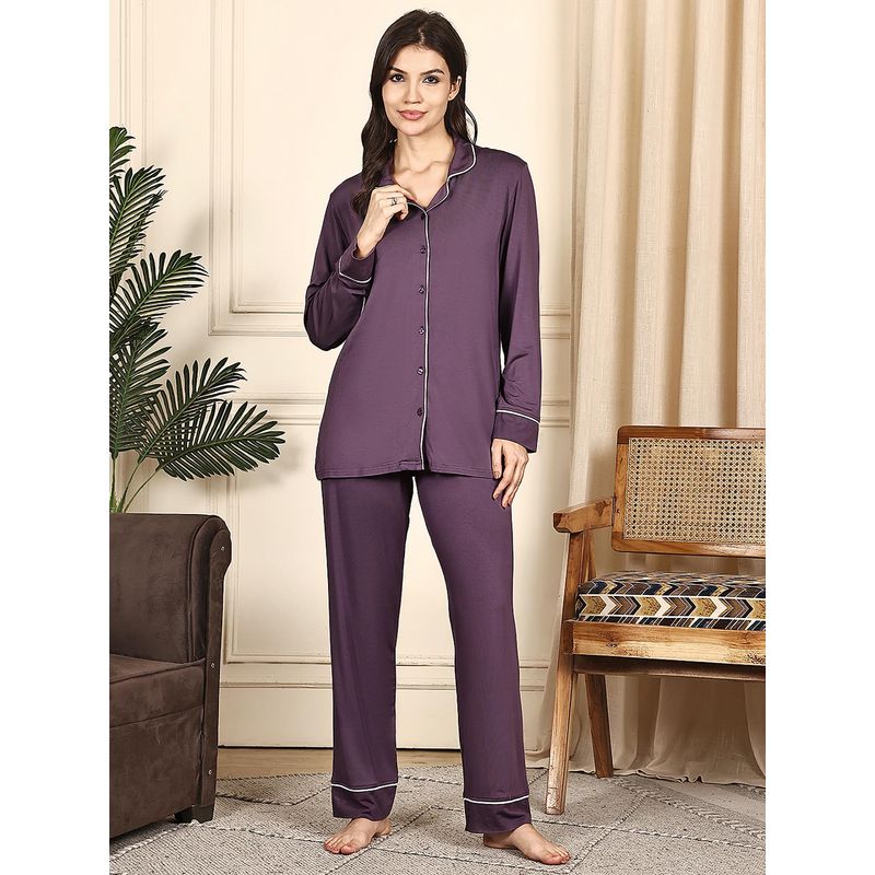 Kanvin Women Purple Solid Full Sleeves Night Suit (S)