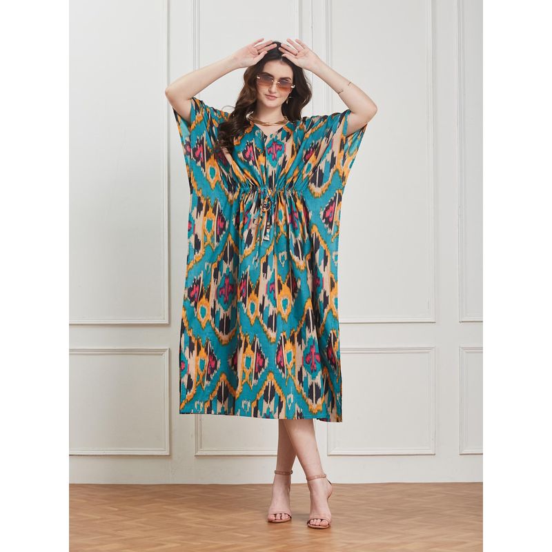 Secrets By ZeroKaata Women Blue Printed Pure Cotton Kaftan Nightdress (S)
