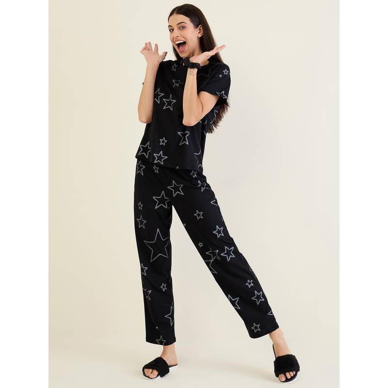 Sweet Dreams Women Black Star Printed Top and Pajama (S)