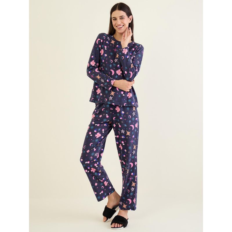 Sweet Dreams Women Navy Blue Floral printed Full Sleeves Top and Pajama (XL)