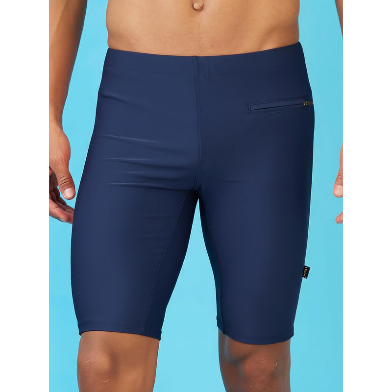 LYCOT Men Nylon Solid Navy Blue Swin Shorts with Zip Pocket (S)