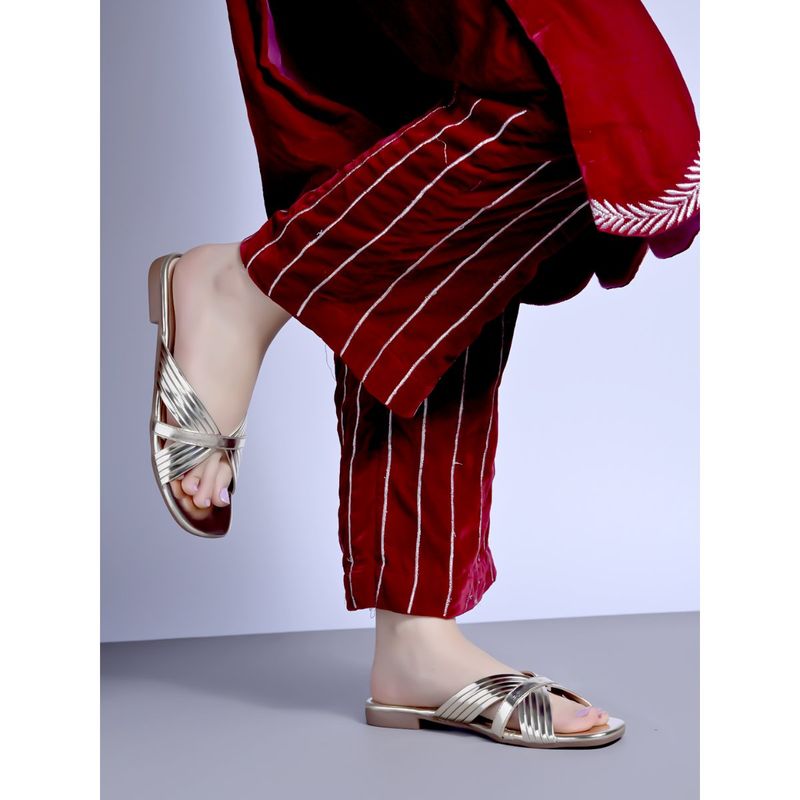 Shoetopia Embellished Golden Flats for Women (EURO 42)