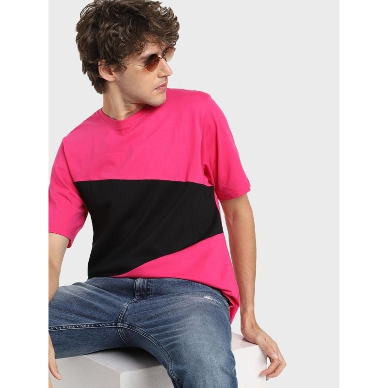 Bewakoof Men's Pink & Black Color Block Oversized T-shirt (M)