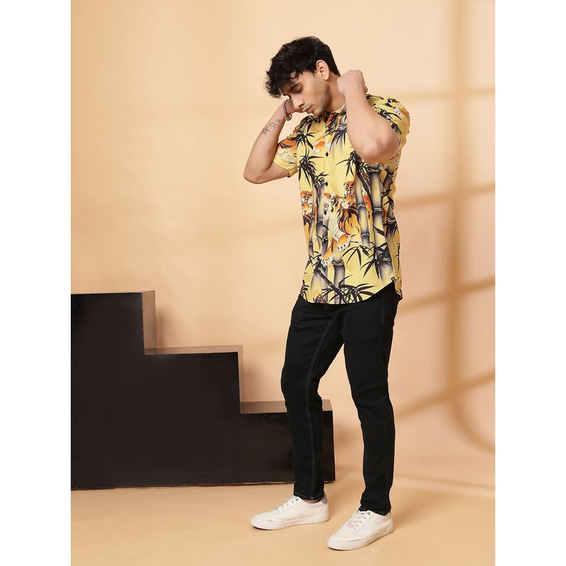 RIGO Men's Half Sleeves Yellow Printed Cotton Shirt (M)