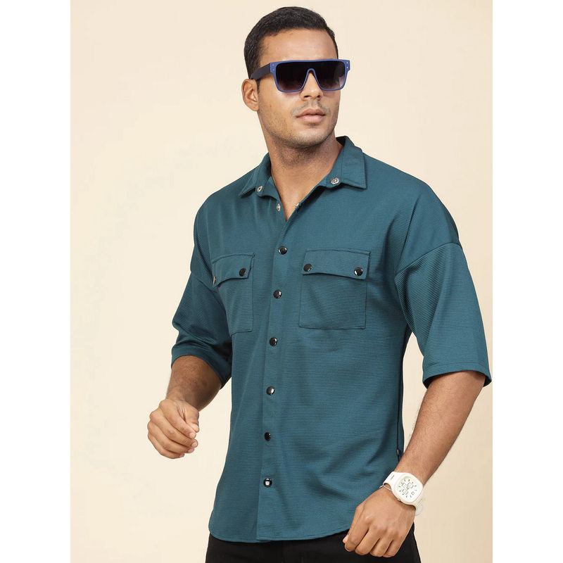 RIGO Men's Oversized Half Sleeves Polyester Teal Shirt (S)