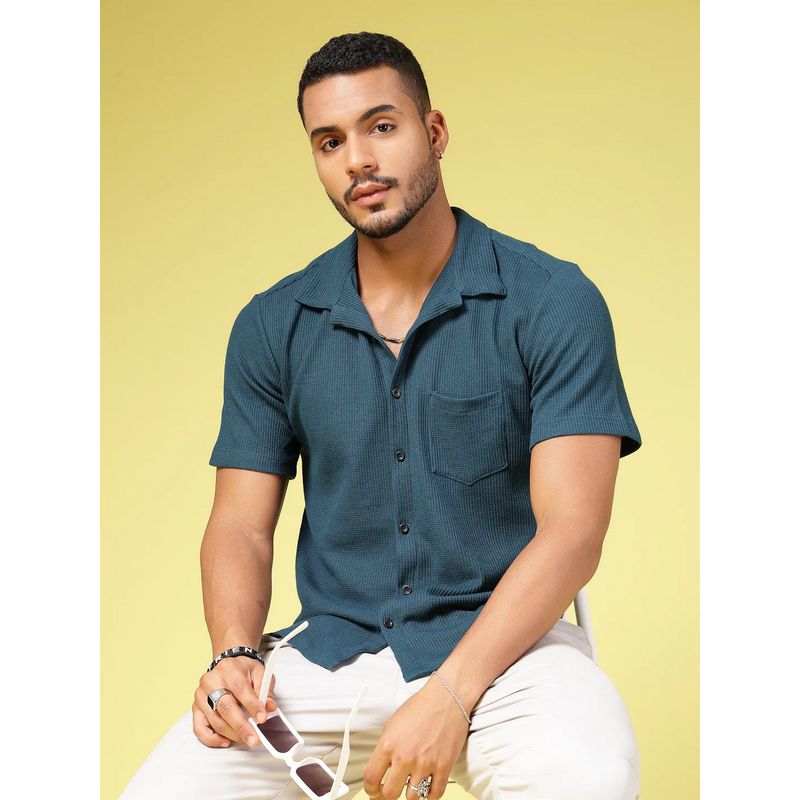 RIGO Men's Solid Waffle Knitted Casual Teal Shirt (L)