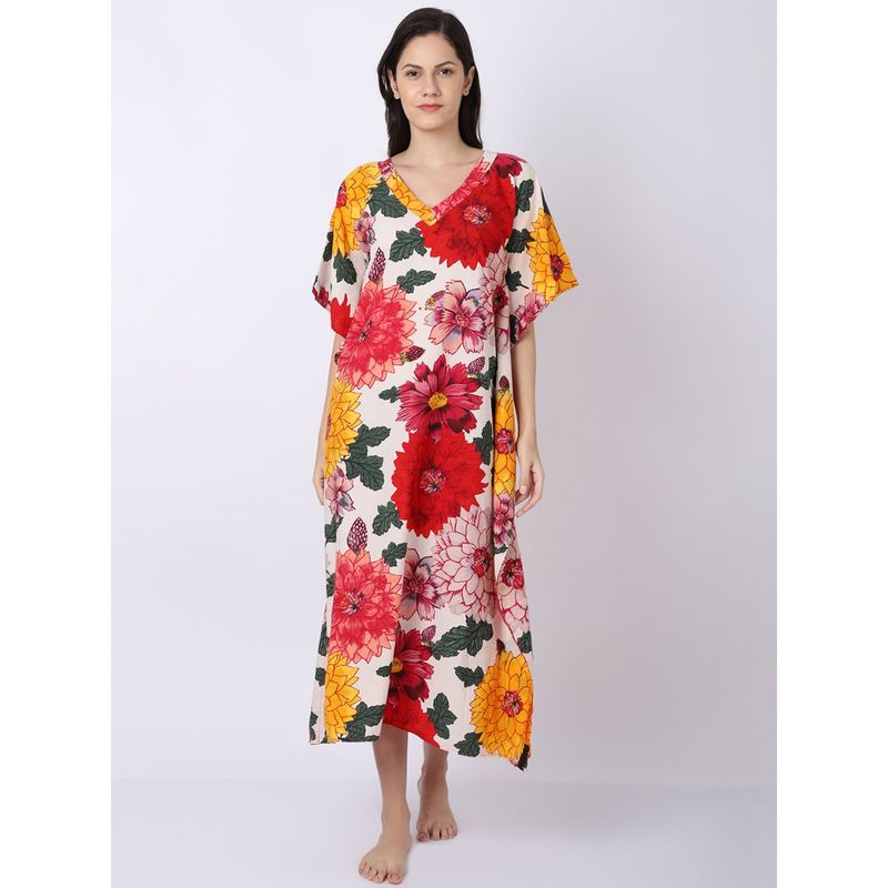 AOBA Women White & Red Floral Printed Kaftan Nightdress (M)