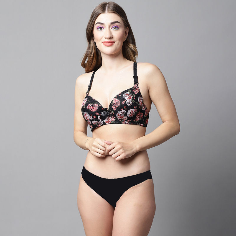 PrettyCat Lightly Padded UnderWired Floral Print Multiway Bridal Bra Panty (Set of 2) (36B)
