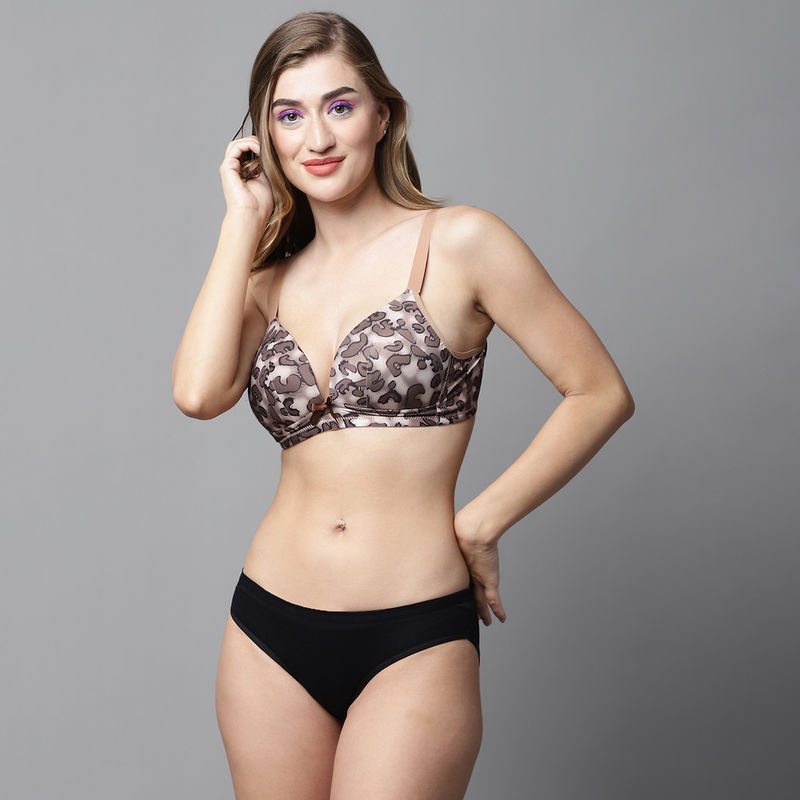 PrettyCat Lightly Padded Non-wired Demi Cup Animal Print Plunge Bra Panty (Set of 2) (34B)