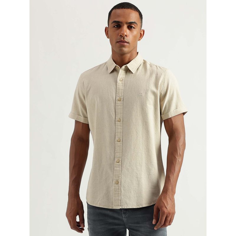 United Colors of Benetton Beige Regular Fit Spread Collar Solid Shirt (S)