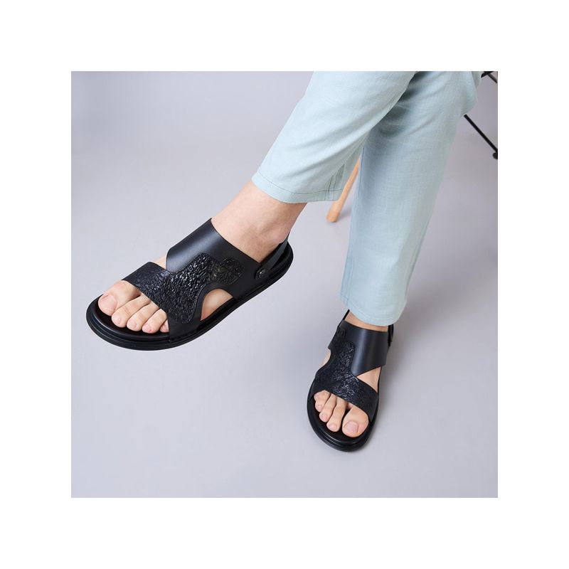 Imperio Black Men Textured Leather Sandals (UK 9)