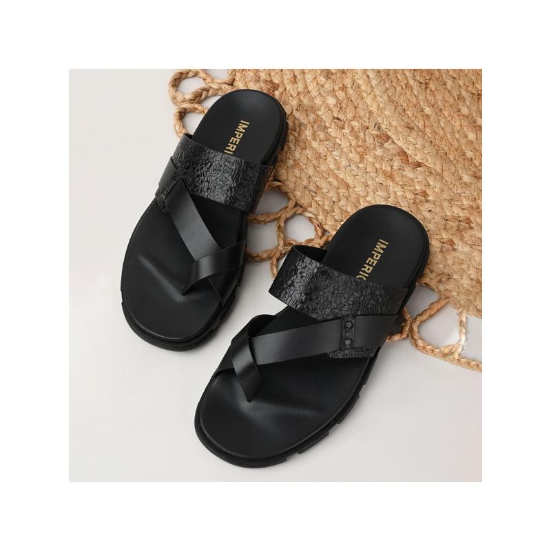 Imperio Black Men Textured Leather Sandals (UK 11)