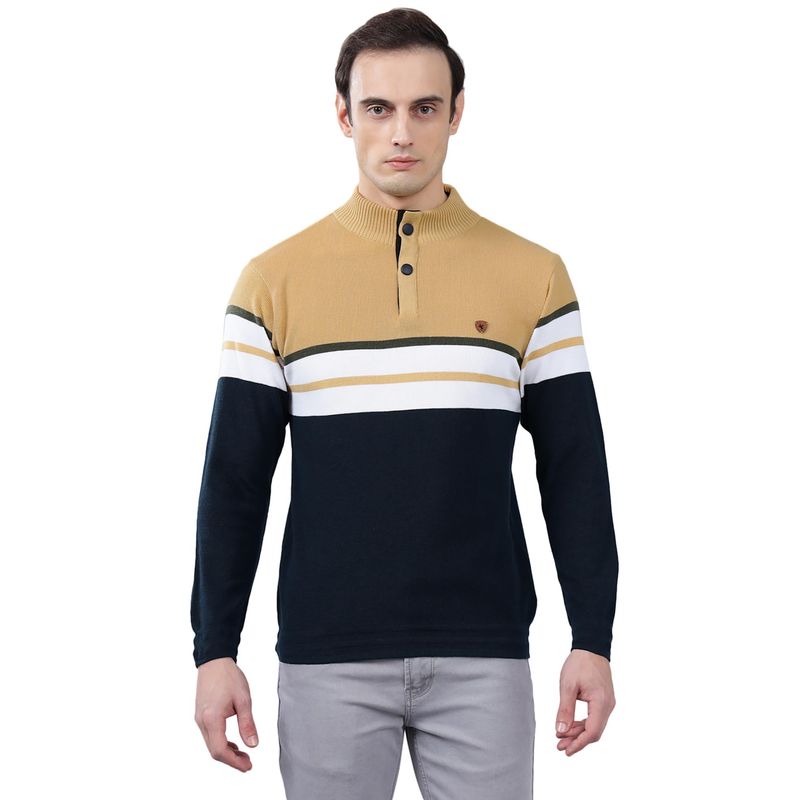 Cantabil Men Yellow and Black Striped Sweater (L)