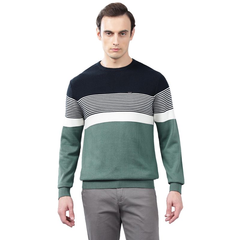 Cantabil Men Teal Striped Sweater (M)