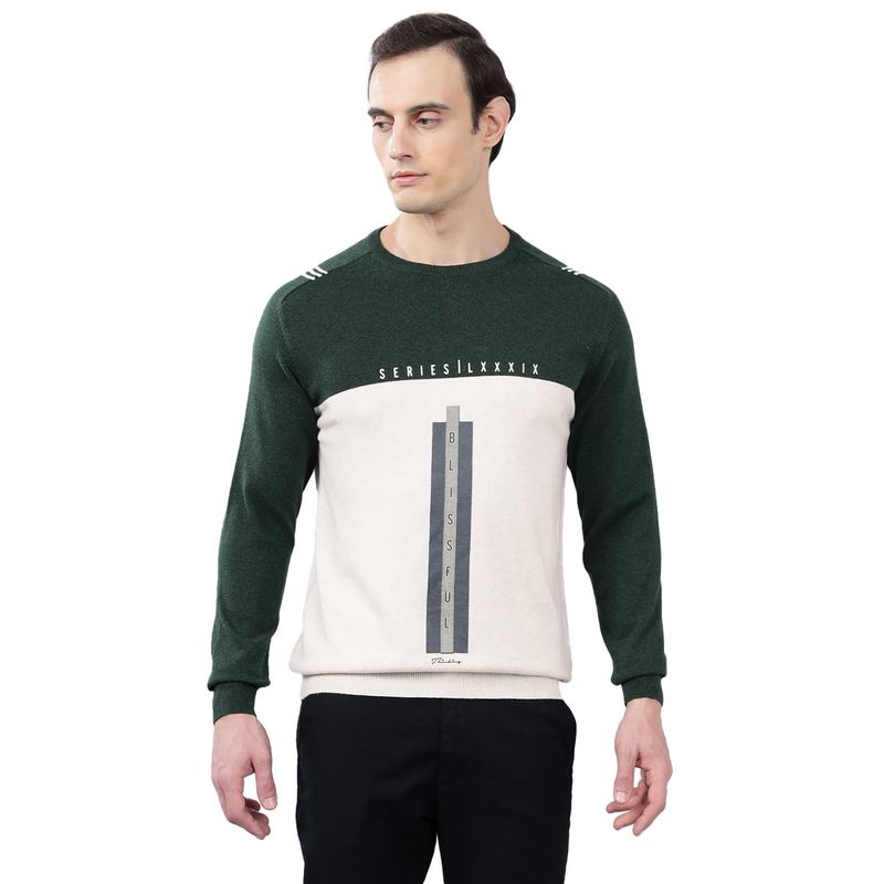 Cantabil Men Beige and Green Colorblock Sweater (M)