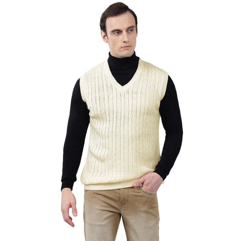 Cantabil Men Cream Self Design Sweater (M)