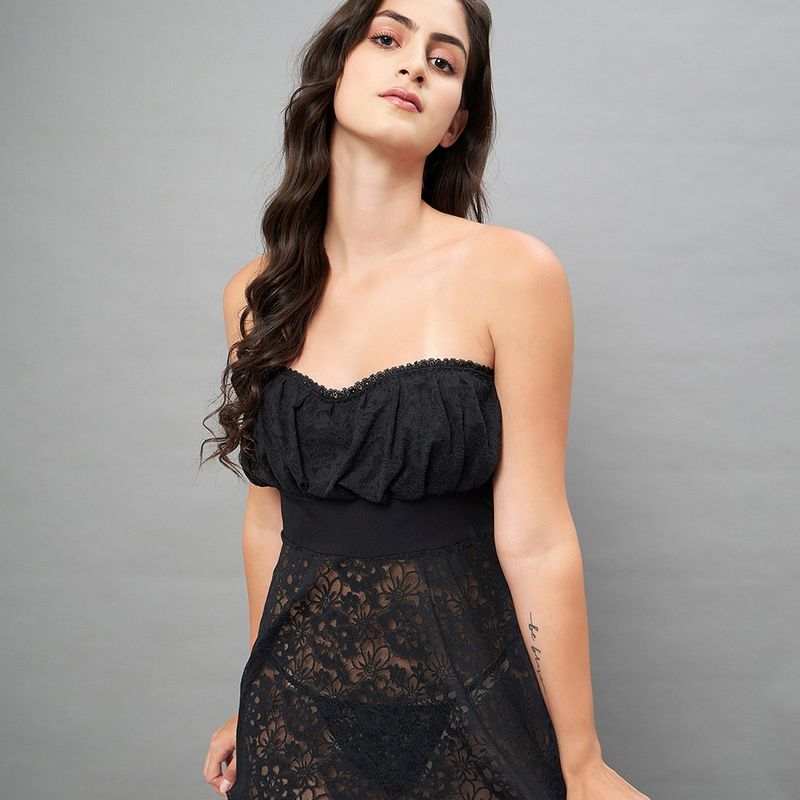 Secrets By ZeroKaata Women Self Design Strapless Lace Baby Doll - Black (M)