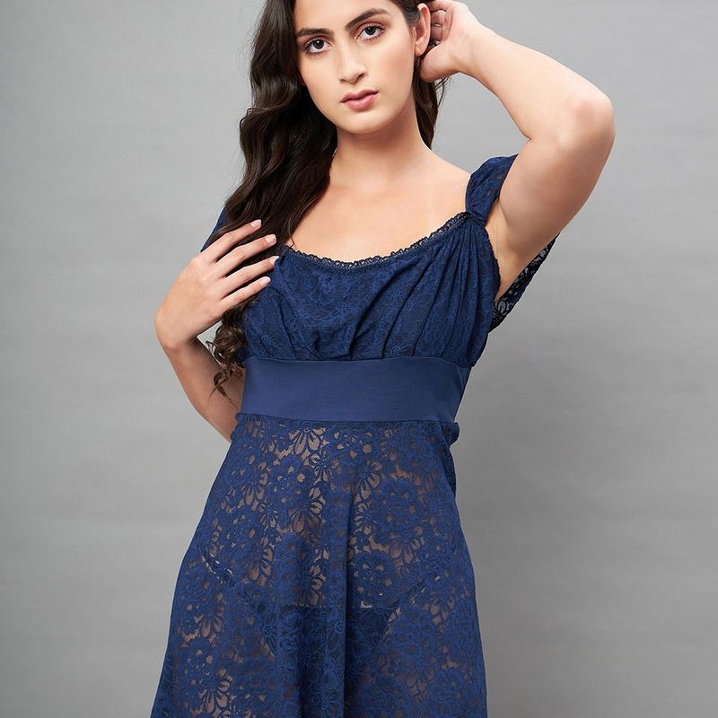 Secrets By ZeroKaata Women Self Design Lace Baby Doll Lingerie - Navy Blue (XL)