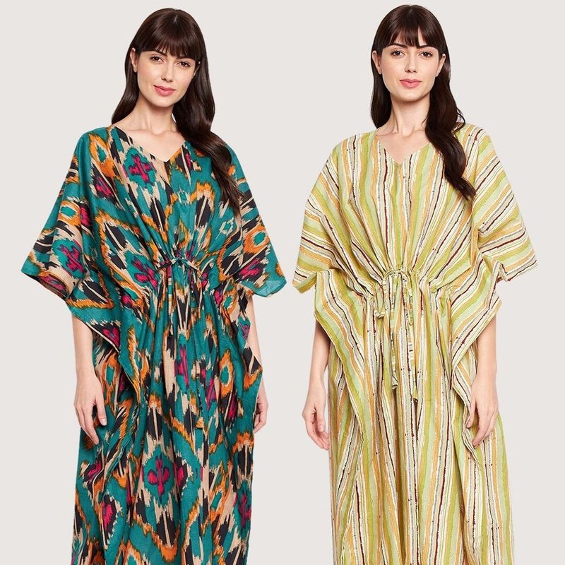 Secrets By ZeroKaata Pack of 2 Printed Cotton Kaftan Nightdress For Women - Multi-Color (S)