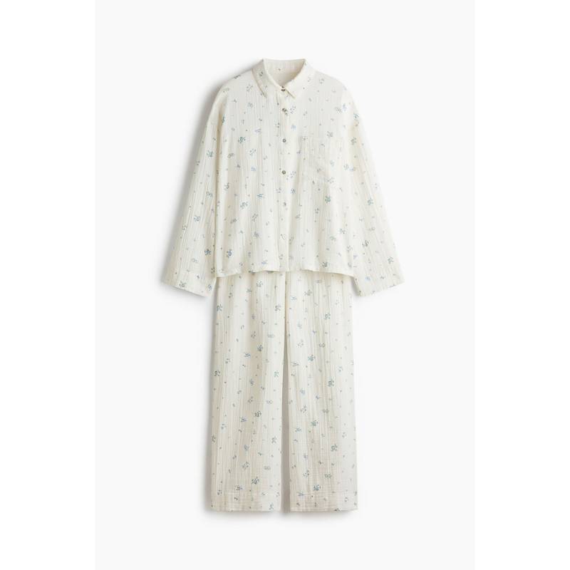H&M Women White Cotton Muslin Pyjamas With Shirt (M)