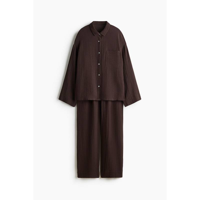 H&M Women Brown Cotton Muslin Pyjamas With Shirt (M)