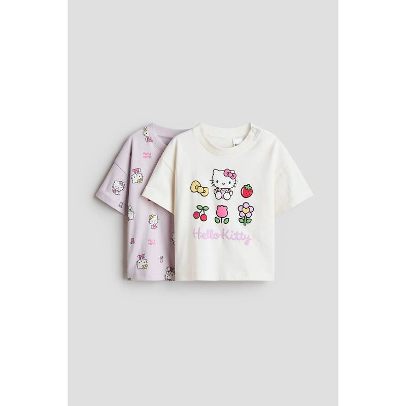 H&M Girls White 2-Pack Printed Cotton T-Shirts (4-6 Months)
