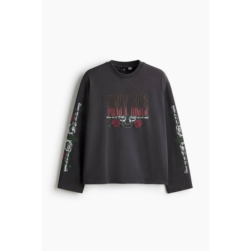 H&M Men Black Relaxed Fit Long-Sleeved Printed Cotton T-Shirt (XS)