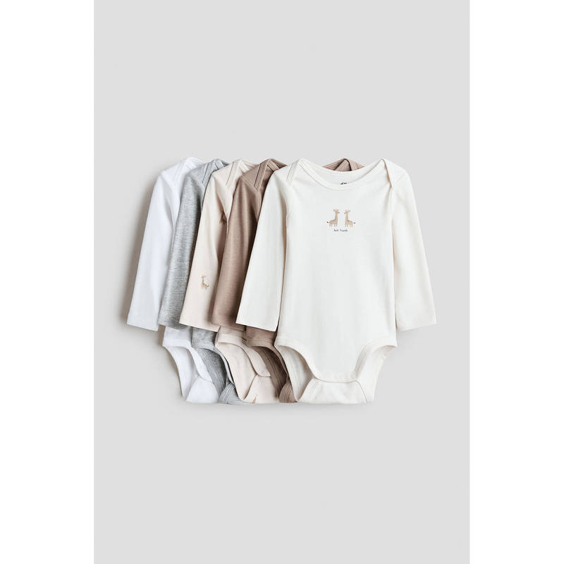 H&M Boys Beige 5-Pack Cotton Envelope-Neck Bodysuits (0-1 Months)