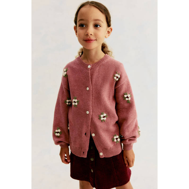 H&M Girls Pink Embroidery-Detail Cotton Cardigan (6-8 Years)