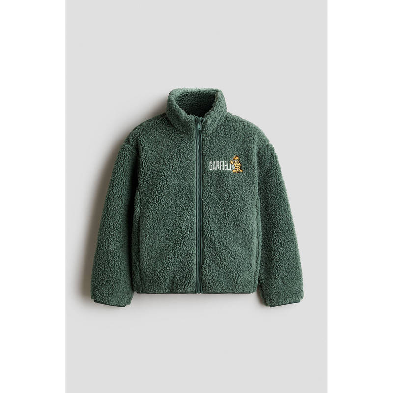 H&M Boys Green Embroidery-Motif Teddy Jacket (8-10 Years)