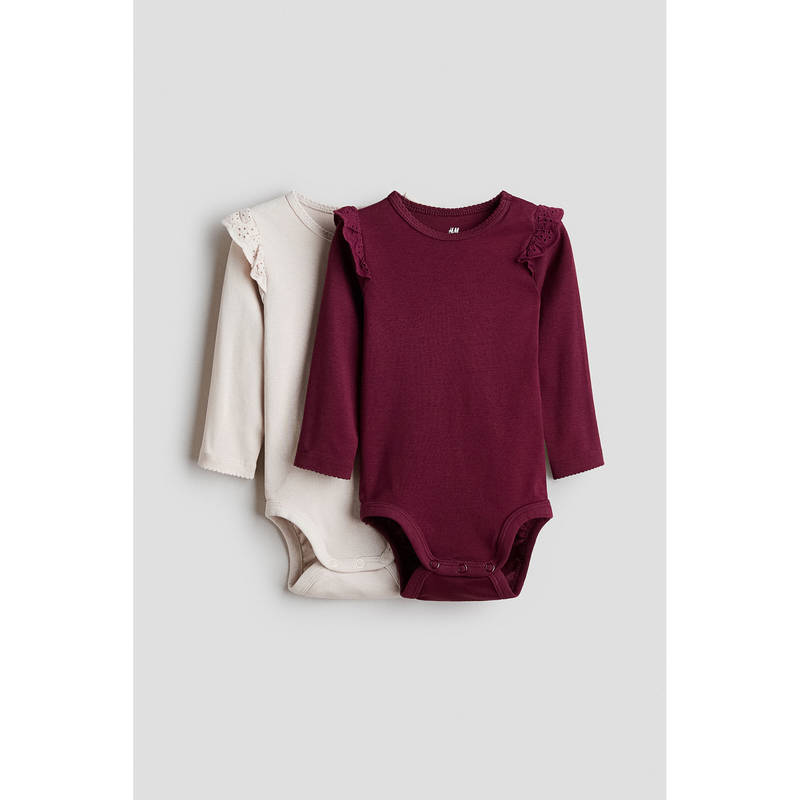 H&M Girls Red 2-Pack Frill-Trimmed Cotton Bodysuits (0-1 Months)
