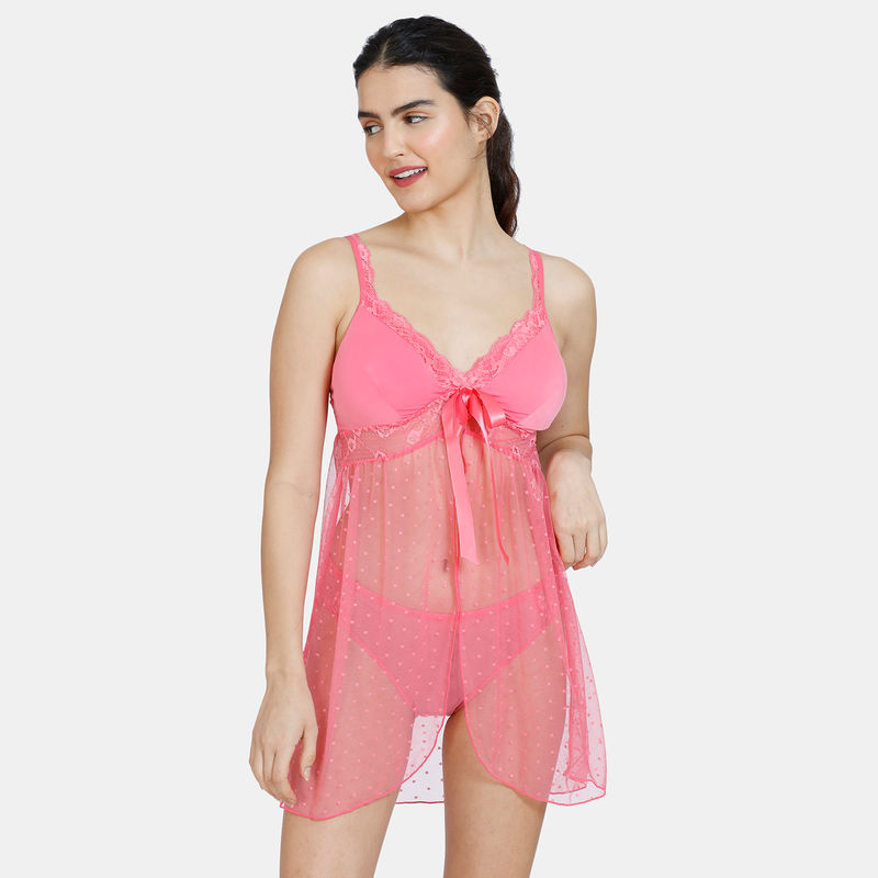Zivame Lace N Mesh Baby Doll With Thong - Pink Lemonade (M)