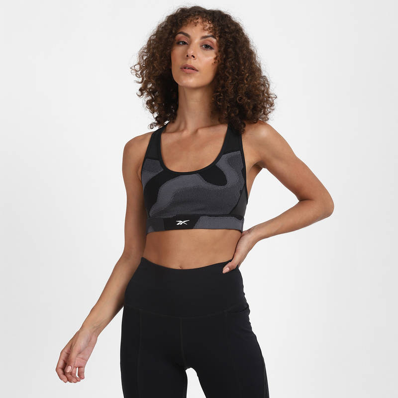 Reebok TS Lux Racer Bra-Jacquard Black Solid/Plain Training Bra (XS)