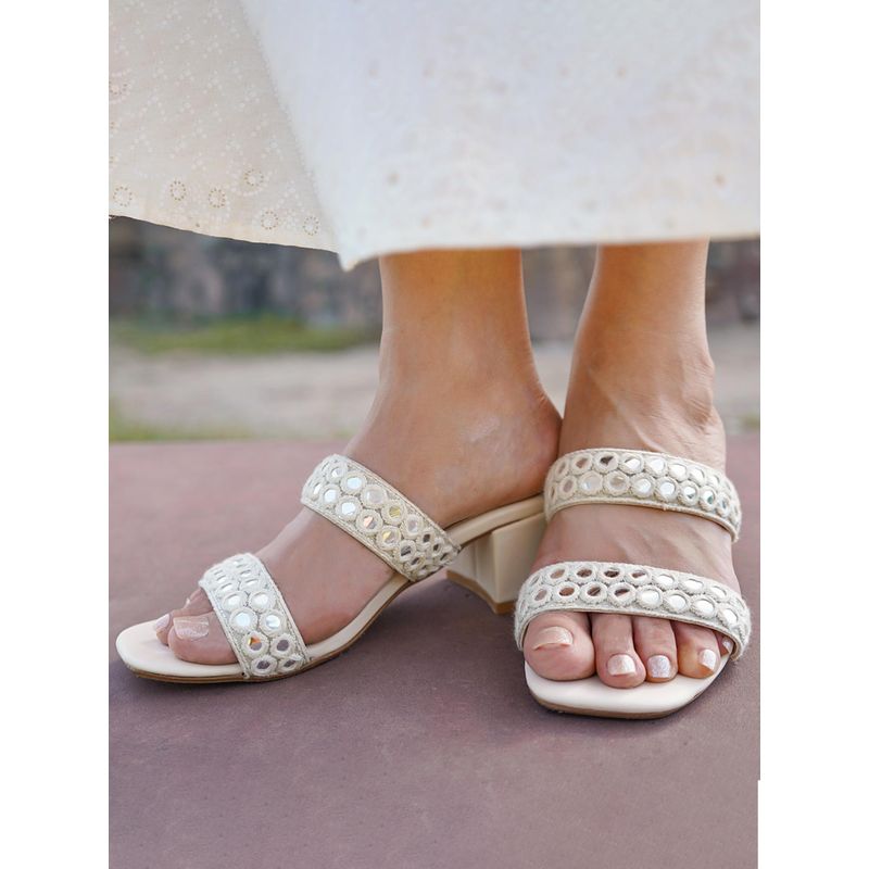 Devano Mirror Twin Strap Ivory Sandal Heels (EURO 36)