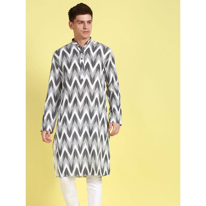 Sanwara Men Floral Patterned Cotton Black & White Trendy Look Kurta (S)