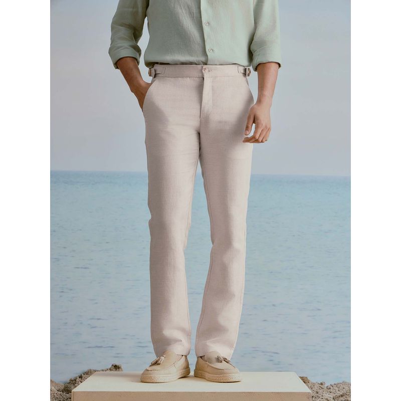 Andamen Men Beige Linen Cotton Herringbone Textured Trouser (38)