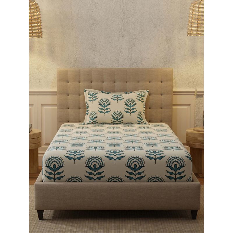 Urban Space Florabell Blue Cotton Bedsheet with 1 Pillow Cover (Single)