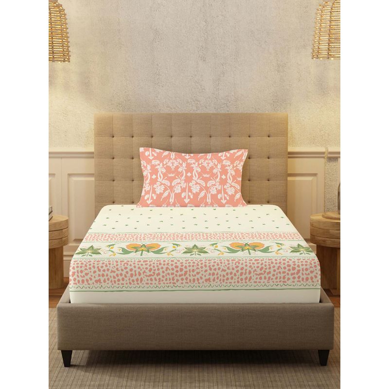 Urban Space Serene 200 Tc Cotton Bedsheets With 2 Pillow Covers Ivy Bloom Peach (Single)