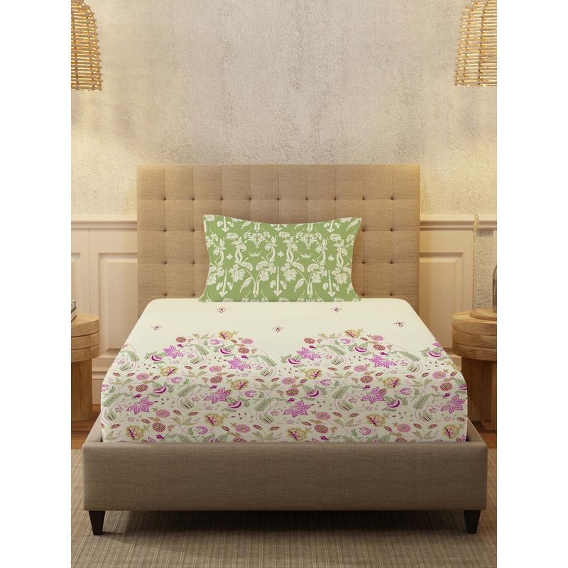 Urban Space Serene 200 Tc Cotton Bedsheets With 2 Pillow Covers Vine Sage Green (Single)