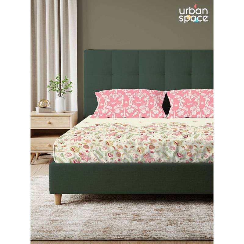 Urban Space Serene 200 Tc Cotton Bedsheets With 2 Pillow Covers Vine Peach Pink (Double)