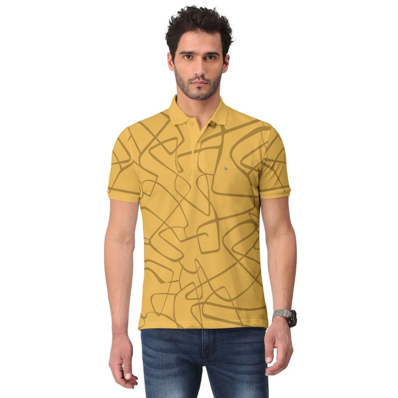 BULLMER Men Mustard Yellow Printed Half Sleeve Collar Neck T-Shirt (M)