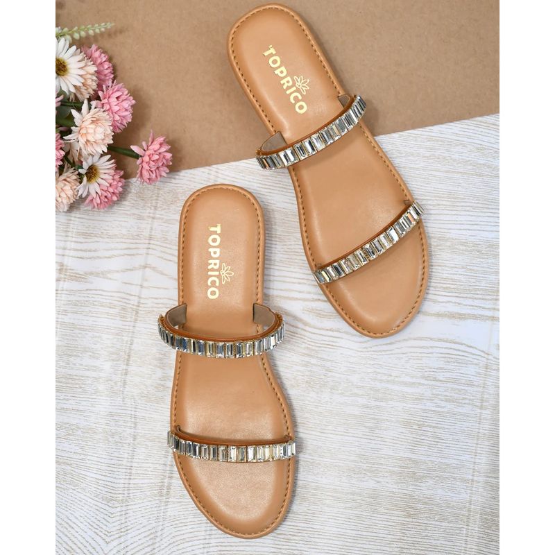 Toprico Two Strap Beads Embellished Tan Flats (EURO 35)