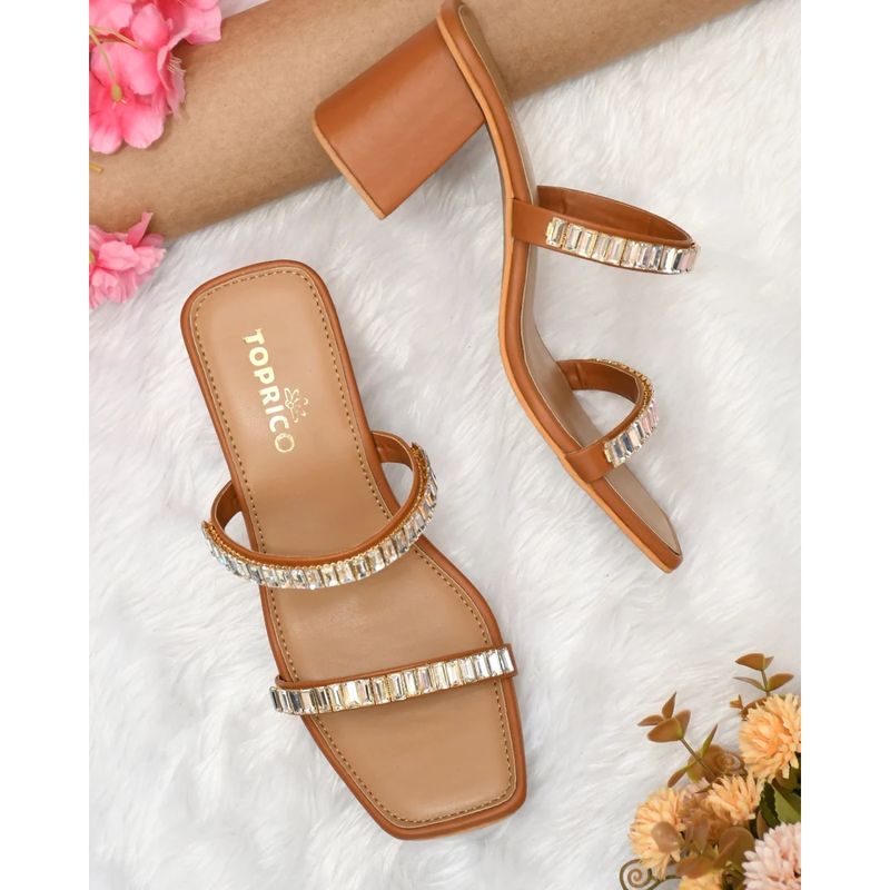 Toprico Two Strap Beads Embellished Tan Heel Sandals (EURO 35)